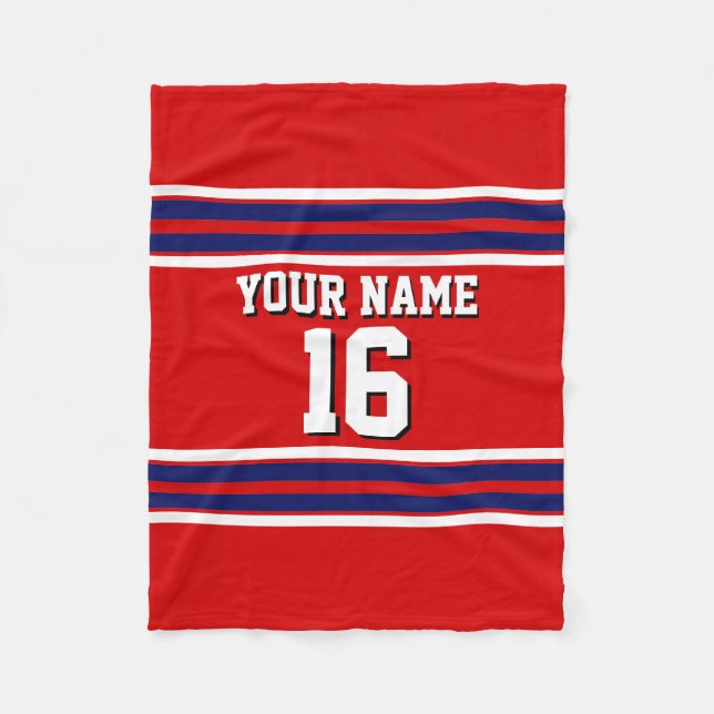 Red with Navy White Stripes Team Jersey Fleece Blanket (Front)