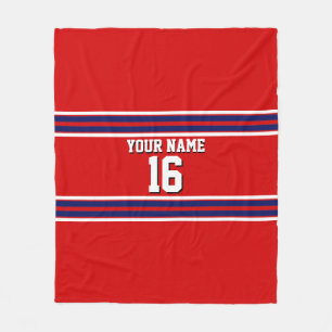 Red with Navy White Stripes Team Jersey Fleece Blanket