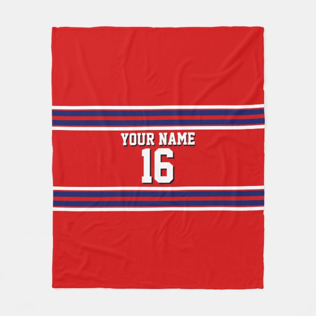 Red with Navy White Stripes Team Jersey Fleece Blanket (Front)