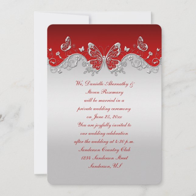 Red with Ornate Silver Butterflies Reception Only Invitation (Front)