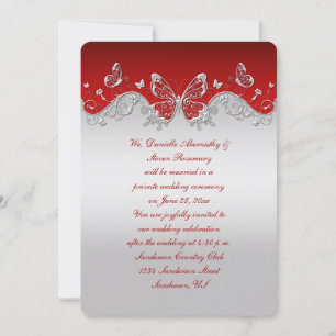 Red with Ornate Silver Butterflies Reception Only Invitation