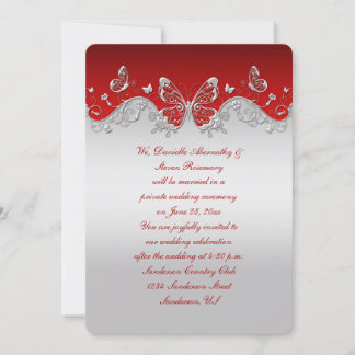 Red with Ornate Silver Butterflies Reception Only Invitation