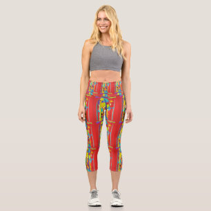 Red with patterns art style capri leggings