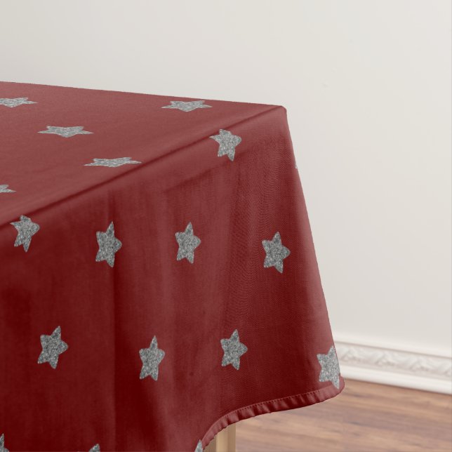 Red with Silver Grey Stars Pattern Festive Elegant Tablecloth (In Situ)