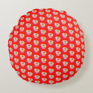 Red with small art designs on it     round cushion
