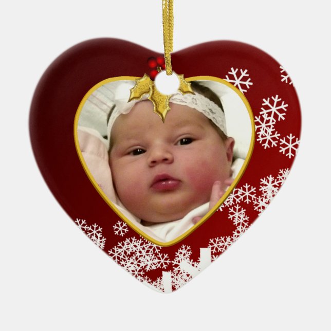 Red with Snow Baby's First Christmas Heart Ceramic Tree Decoration (Front)
