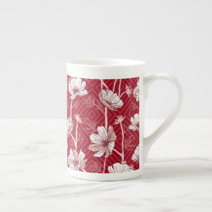 Red with White Flowers Bone China Mug
