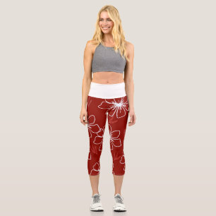 Red with White Transparent Flower Capri Leggings