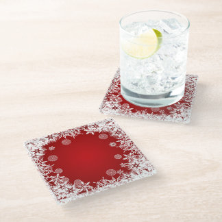 RED WITH WREATH OF WHITE WINTER SNOWFLAKES GLASS COASTER