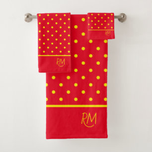 Red With Yellow Polka Dots Monogram  Bath Towel Set