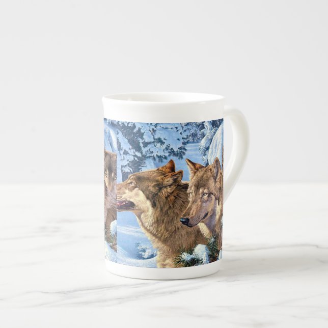 Red wolves painting bone china mug (Front Right)