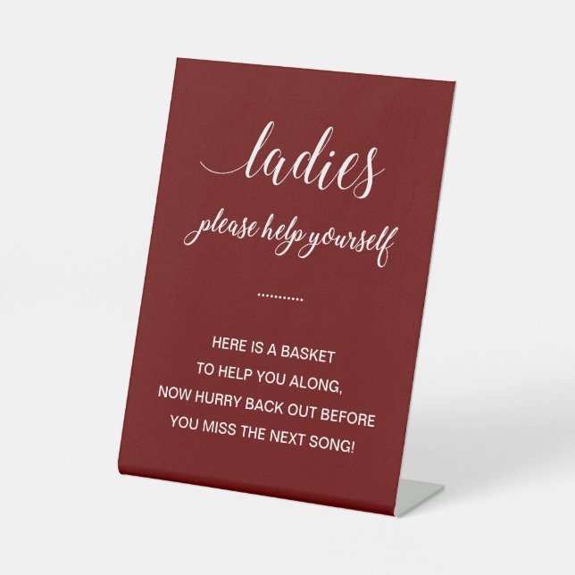 Red Women’s Ladies Bathroom Basket Items Wedding Pedestal Sign (Front)