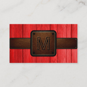 Red Wood Brown Leather Look Monogram Business Card