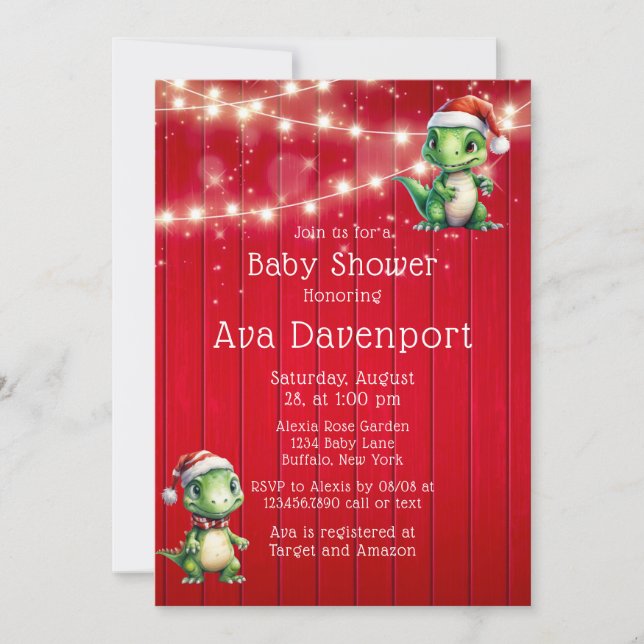 Red Wood Christmas Dinosaur Lights Baby Shower Invitation (Front)