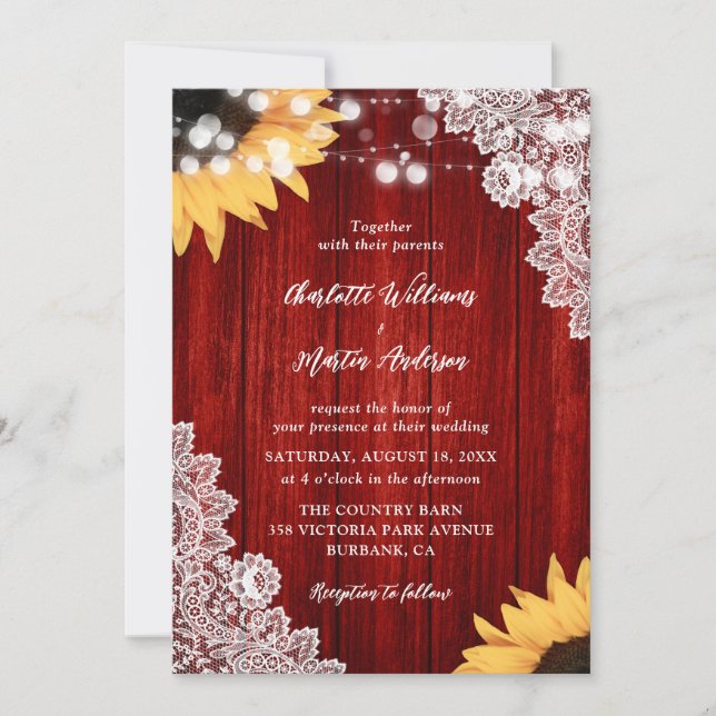 Red Wood Lace Sunflower Wedding Invitations (Front)