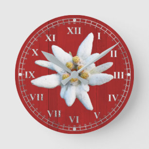 Red Wood Look with White Edelweiss Bloom Round Clock