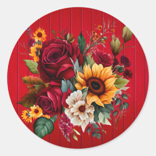 Red Wood Roses and Sunflowers Wedding Classic Round Sticker