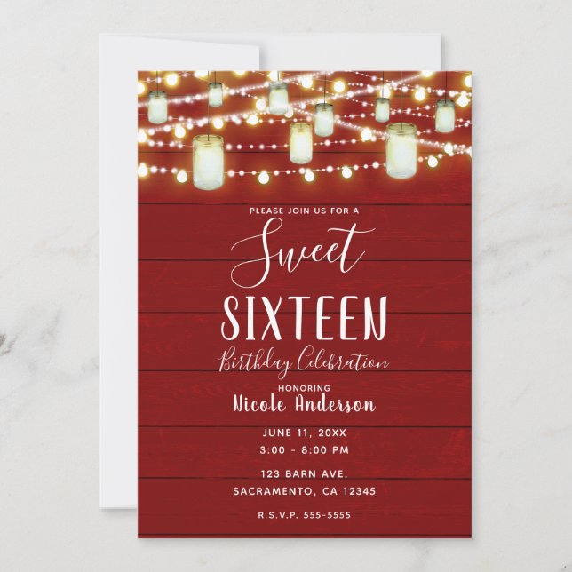 Red Wood & String Lights Country Rustic Sweet 16 Invitation (Front)
