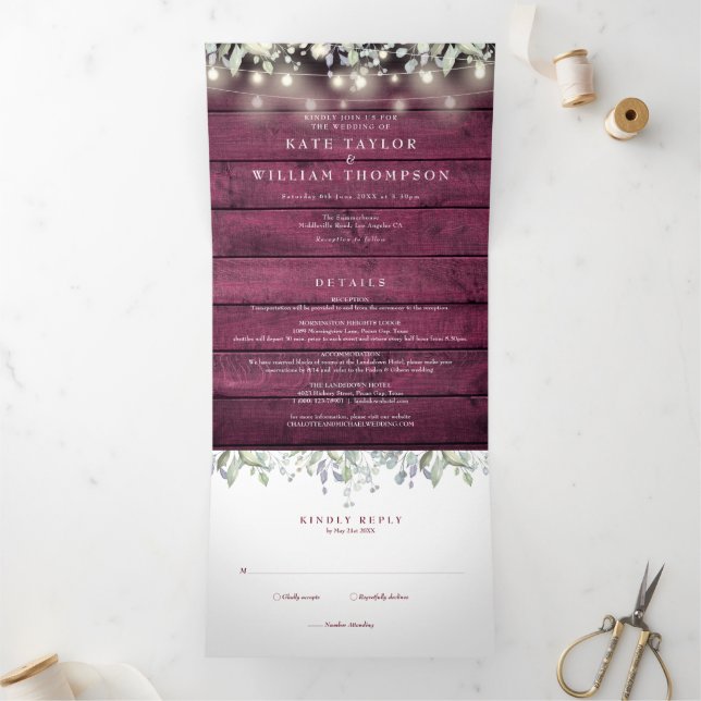 Red Wood String Lights Floral Photo Wedding Tri-Fold Invitation (Inside)