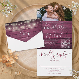 Red Wood String Lights Mason Jars Photo Wedding All In One Invitation
