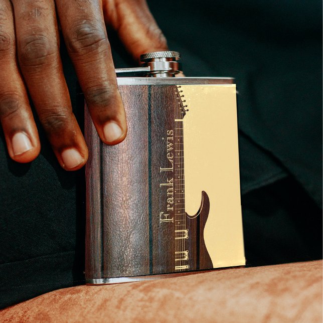 Red Wood & Tan Brown Colour Block Name Guitar Hip Flask (Red Wood & Tan Brown Color Block Name Guitar Flask)