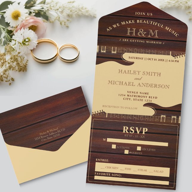 Red Wood & Tan Brown Guitar Wedding All In One Invitation (Red Wood & Tan Brown Guitar Wedding All In One Invitation)