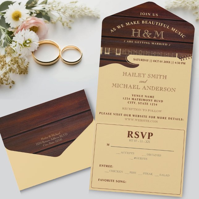 Red Wood & Tan Brown Guitar Wedding All In One Invitation (Red Wood & Tan Brown Guitar Wedding All In One Invitation)