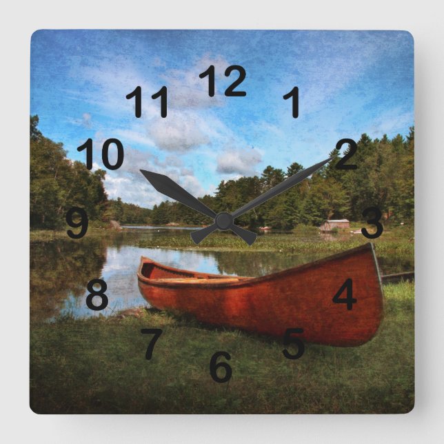 Red wooden canoe landscape square wall clock (Front)