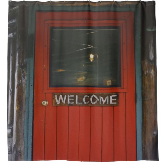 RED WOODEN CLOSED DOOR SHOWER CURTAIN (Front)
