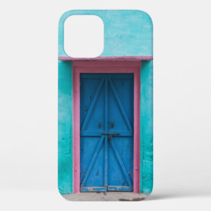 RED WOODEN DOOR ON BLUE CONCRETE WALL iPhone 12 CASE
