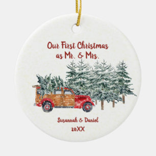 Red Woodie Pine Trees Snow Our First Christmas Ceramic Ornament