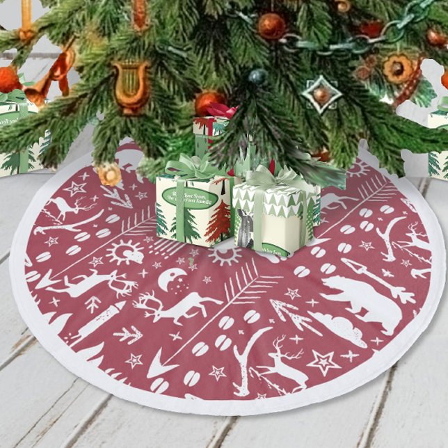 Red Woodland Deer Bear Tracks Merry Christmas Fleece Tree Skirt (Creator Uploaded)