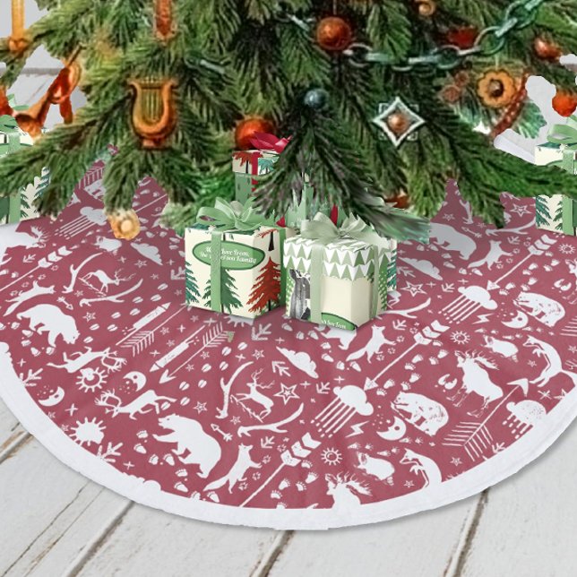 Red Woodland Deer Bear Tracks Merry Christmas Fleece Tree Skirt (Creator Uploaded)