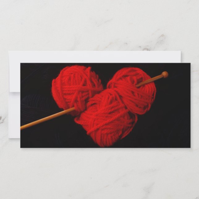 Red wool heart with knitting needle photograph (Front)