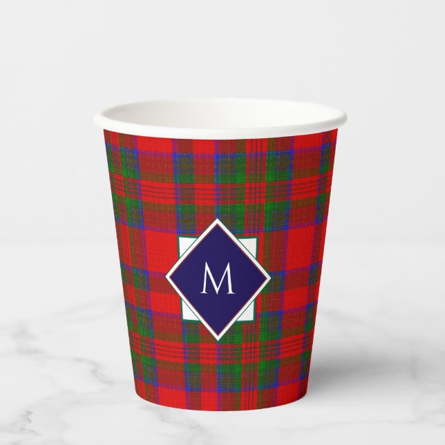 Red Wool Plaid Tartan with Central Monogram Badge Paper Cups (Front)