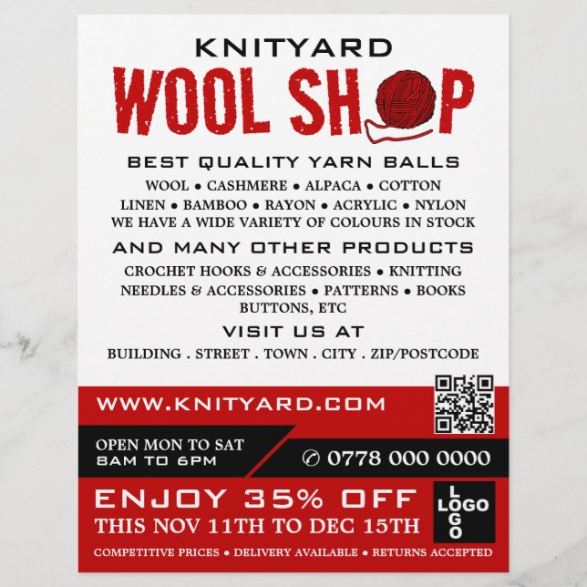 Red Wool Shop Logo, Knitting Store, Yarn Store Flyer (Front)