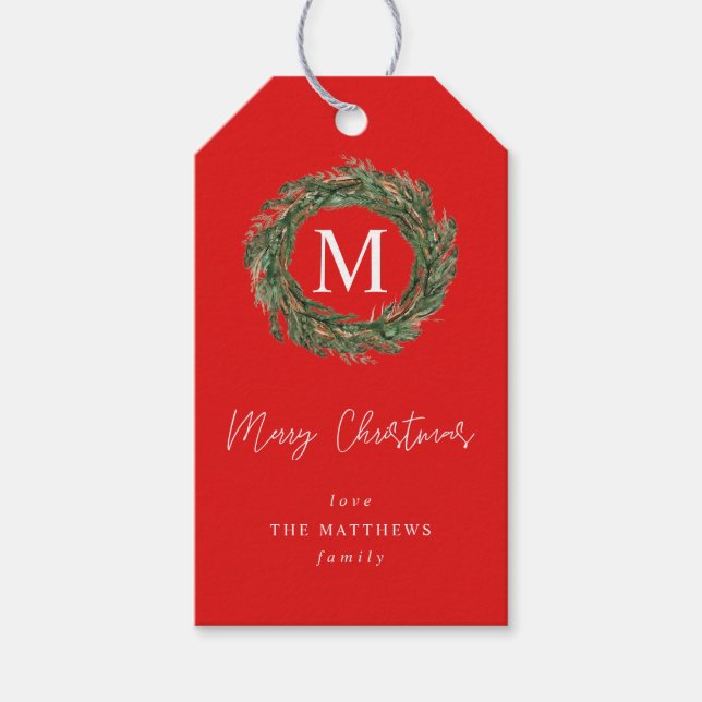 Red Wreath Monogram Gift Tags (Front)