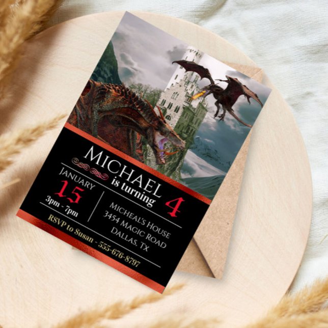 Red Wyvern Dragon Mediaeval Castle Metallic Birthd Invitation (Creator Uploaded)