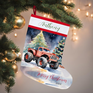 Red Xmas Monster Truck  Large Christmas Stocking