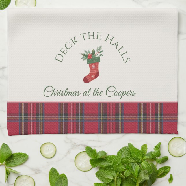 Red Xmas Stocking Customised Family Name Christmas Tea Towel (Folded)