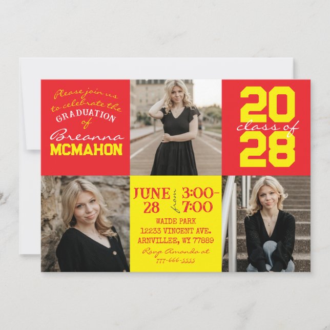 Red & Yellow 3 Photo Graduation Invitation (Front)