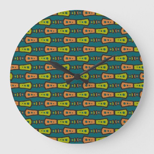 Red, Yellow Abstract Tribal on Teal: Wall Clock (Front)