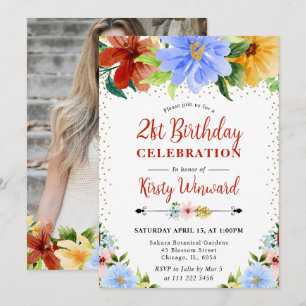 Red, Yellow and Blue Flowers 21st Birthday Photo Invitation