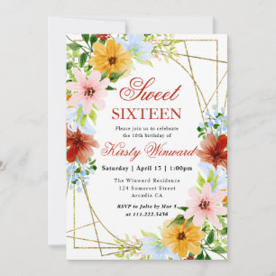 Red, Yellow and Blue Flowers Frame Sweet 16 Invitation
