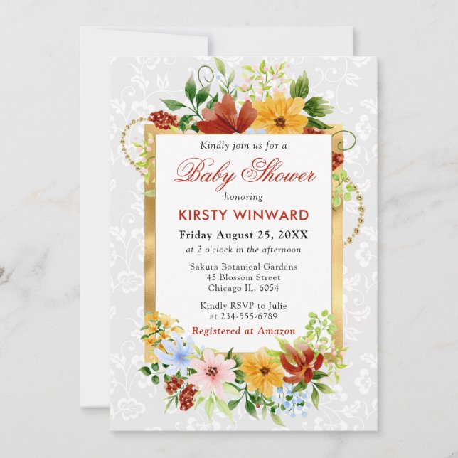 Red, Yellow and Blue Flowers Gold Baby Shower Invitation (Front)