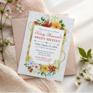Red, Yellow and Blue Flowers Gold Sweet 16 Invitation