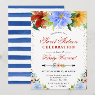 Red, Yellow and Blue Flowers Sweet 16 Invitation