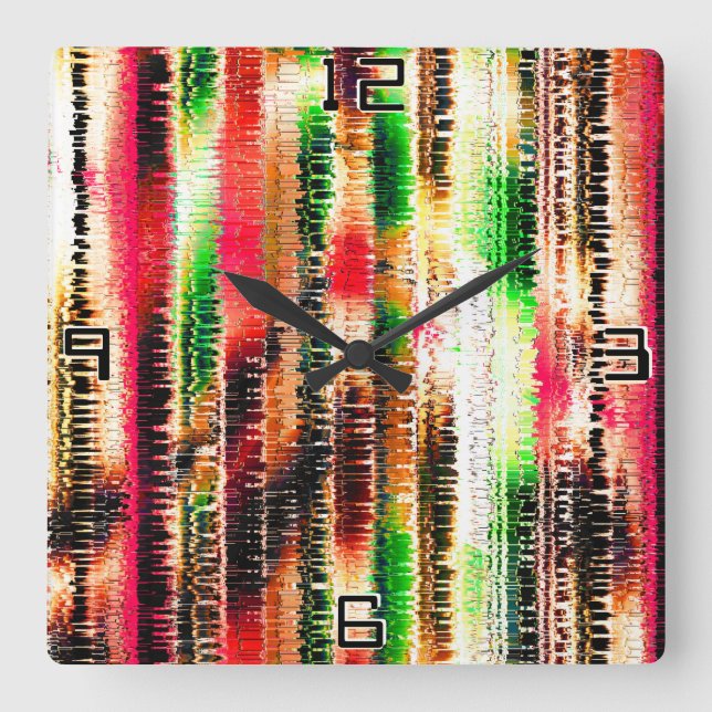 Red yellow and green coloured striped sliced paper square wall clock (Front)
