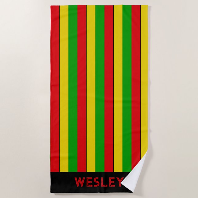 Red Yellow and Green Rasta Striped Beach Towel (Front)