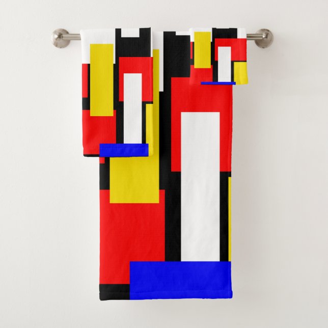 Red, Yellow, Black, and Blue Geometric Bath Towel Set (Insitu)